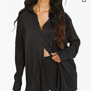 Shimmer Ruffle Black Button Down Long Sleeve Blouse Pleated